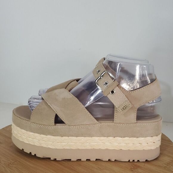 UGG Aubrey Suede Ankle Strap Platform Espadrille Sandal Beige Women's 7 NWOB - Picture 5 of 11